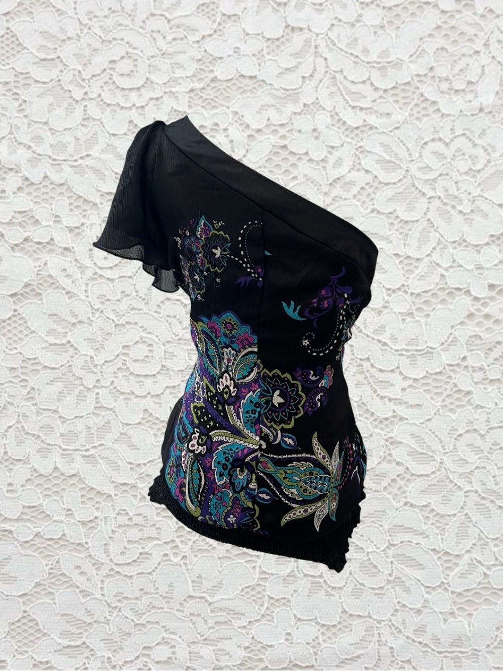 vintage y2k one shoulder paisley top with stud embellishments on the neckline